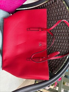 Large Calvin Klein Red Imitation Leather Tote with Small Metallic Logo